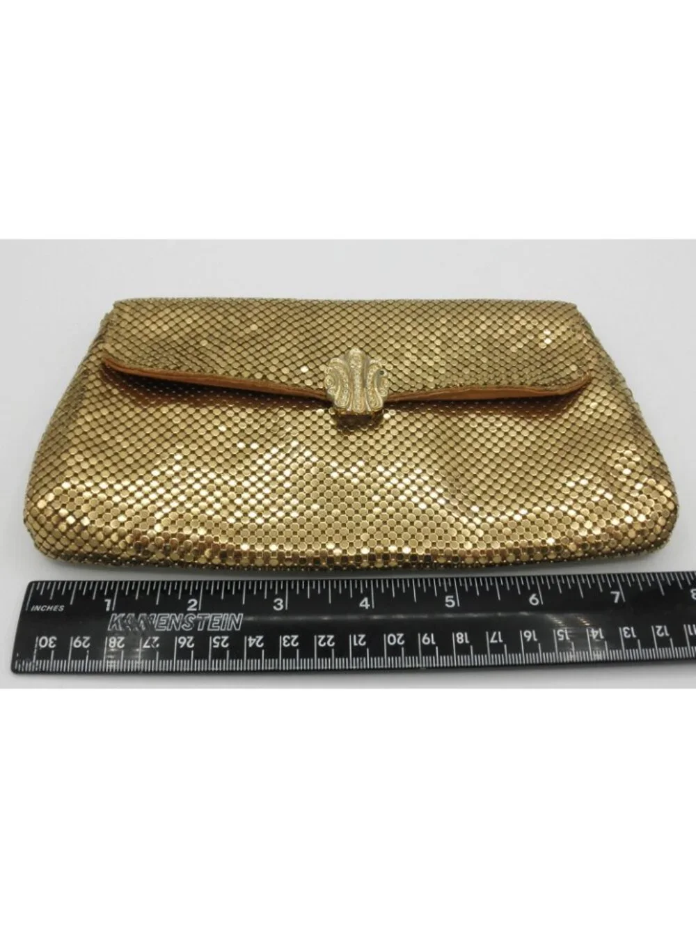 Vintage Whiting and Davis Gold Metal Mesh Rhinestone Clasp Clutch Purse FLAWS
